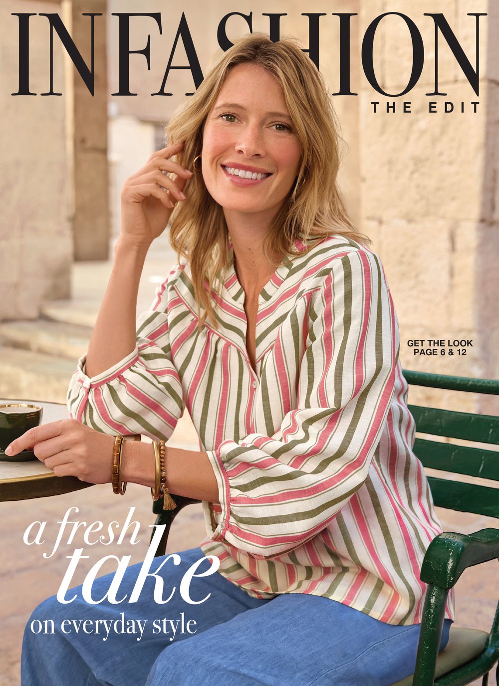 Infashion The Edit catalogue cover, a fresh take on everyday style, with a woman in a striped blouse seated at a cafe table