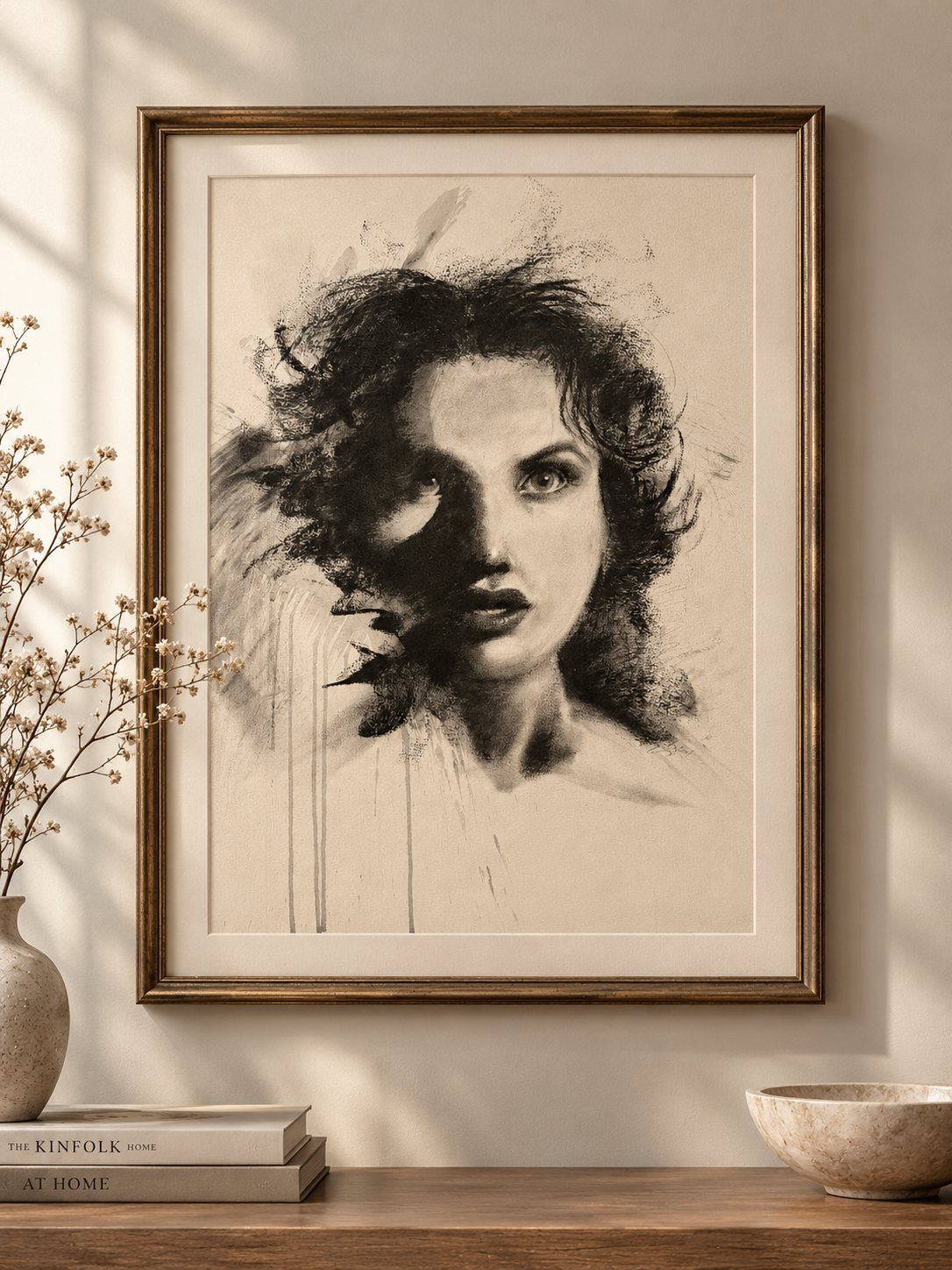 Charcoal portrait of a woman in a wooden frame on a styled shelf