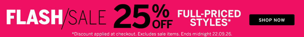 Web banner: Flash Sale, 25% off full-priced styles, with a Shop Now button on hot pink