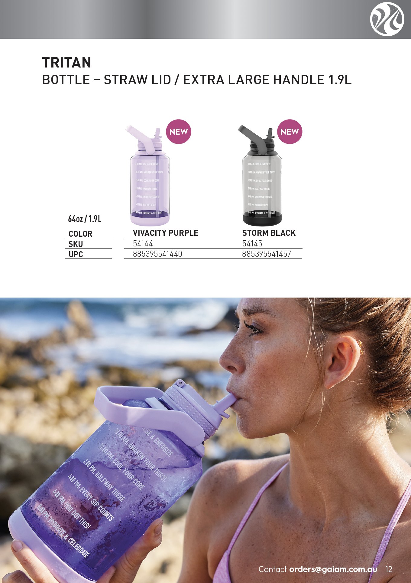 Catalogue page: Takeya Tritan 1.9L bottles in purple and black above a photo of a woman drinking from a bottle