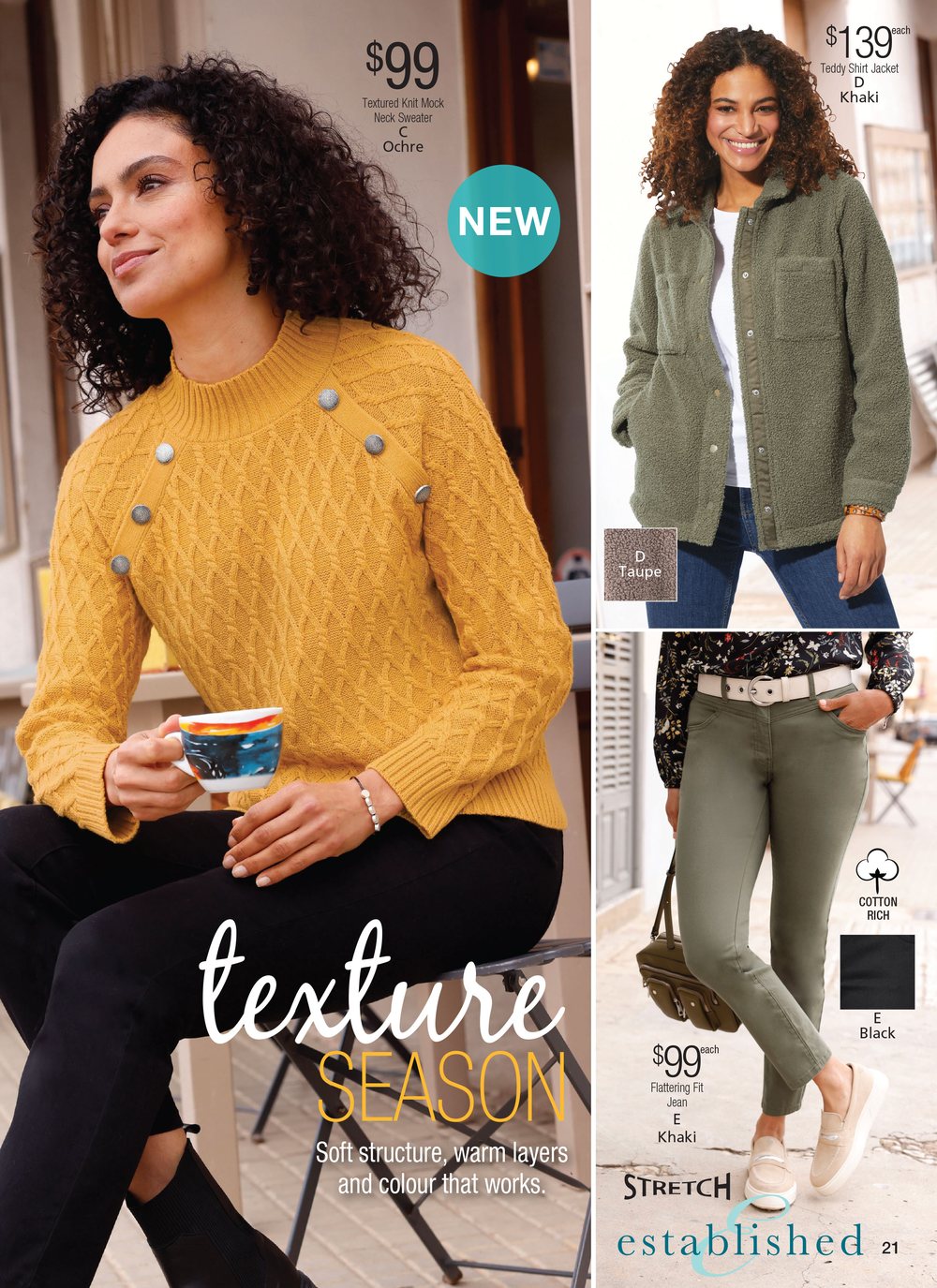 Catalogue page: Texture season, a woman in a mustard cable knit sweater with a khaki jacket and olive pants