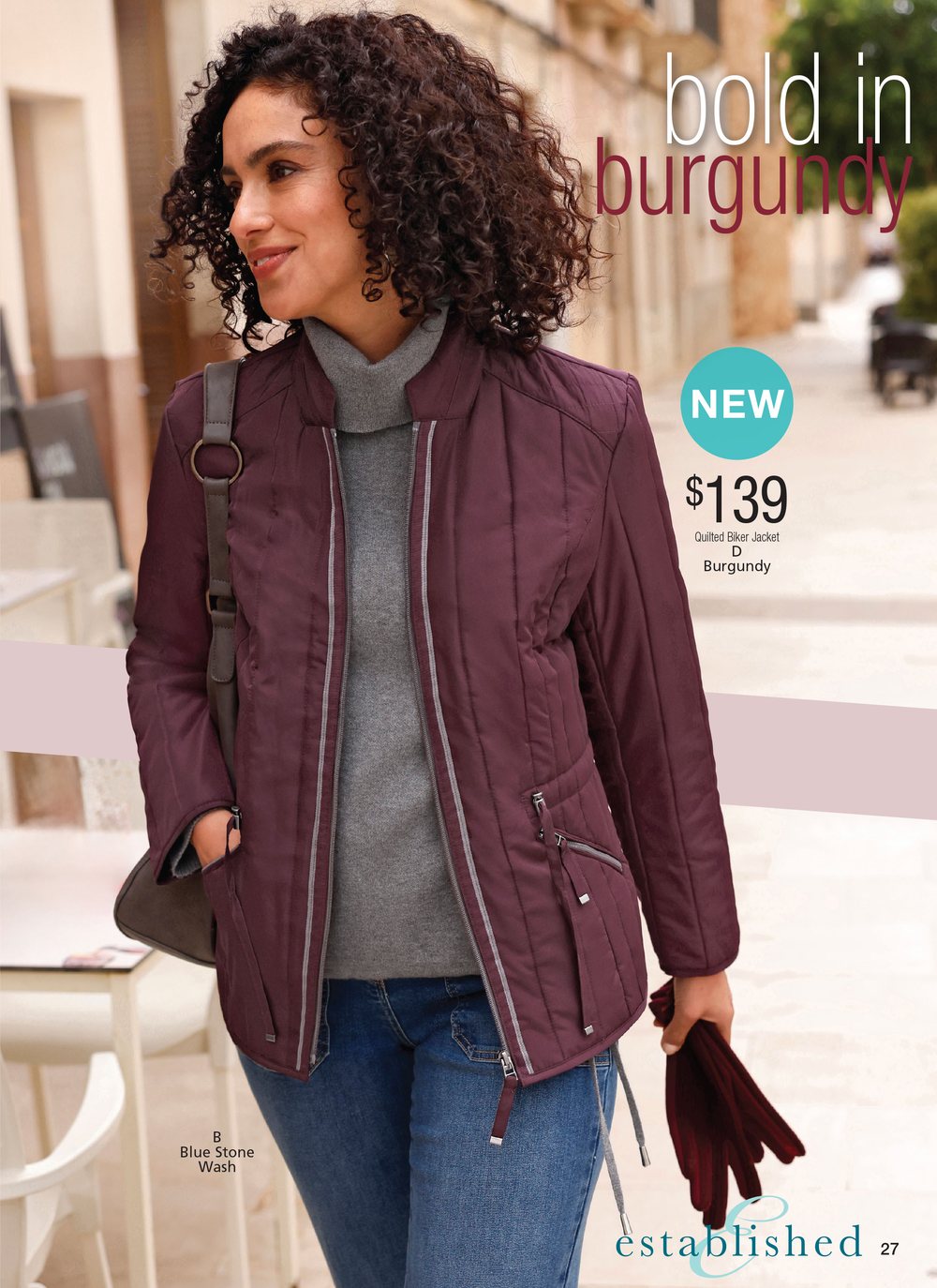 Catalogue page: Bold in burgundy, a woman in a burgundy quilted jacket over a grey roll neck