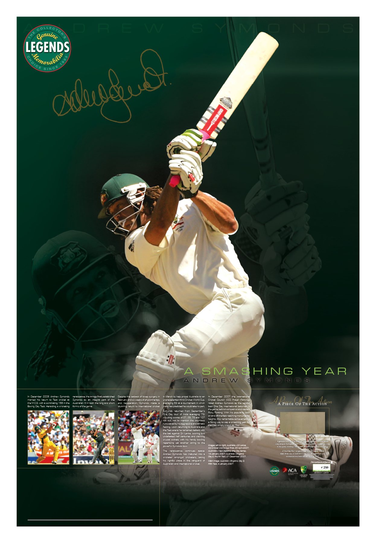 A Smashing Year poster artwork: Andrew Symonds mid-swing on a dark green background with gold signature, story text and photo strip