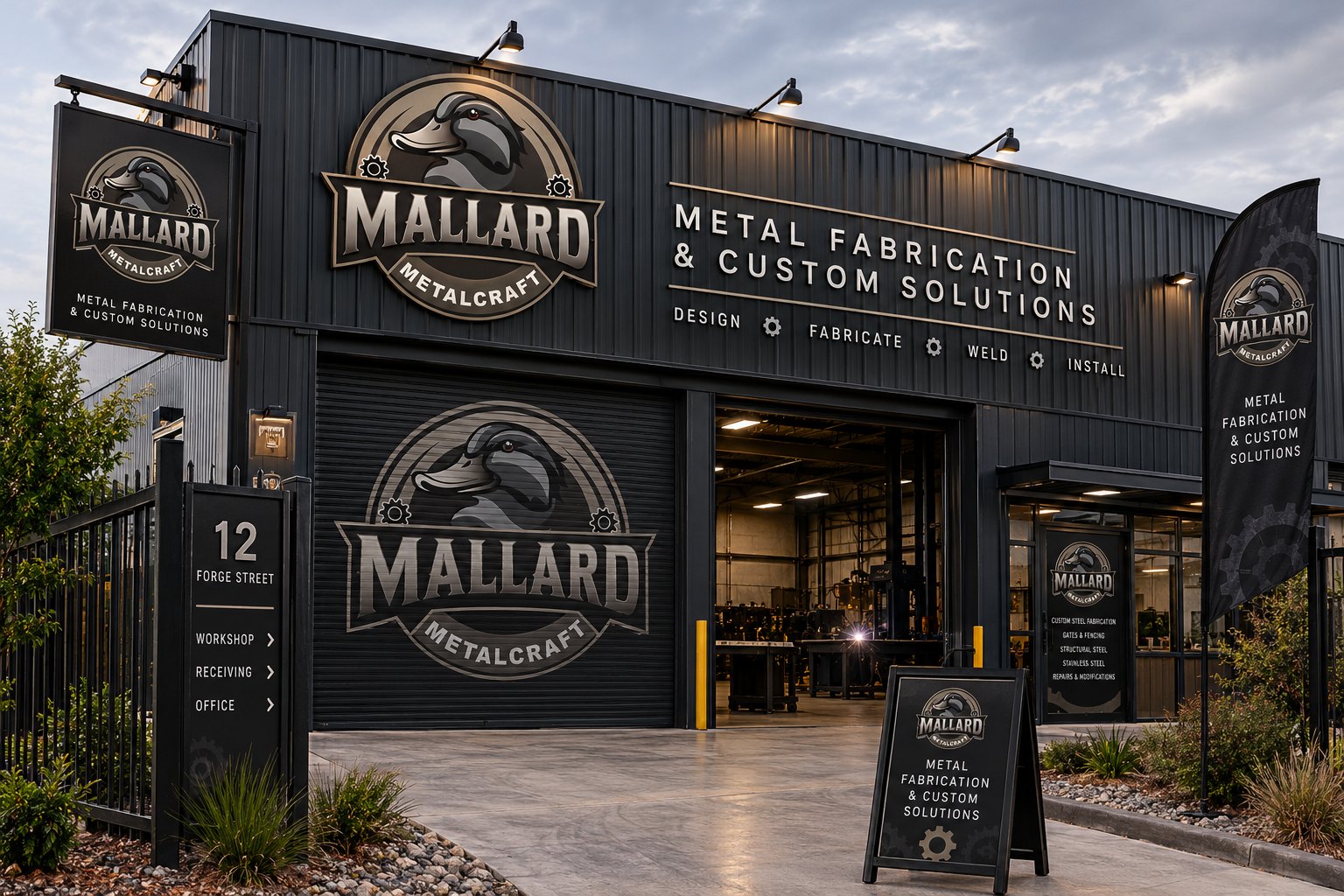 Mallard Metalcraft workshop frontage with large logo signage, hanging sign, directory sign, flag banner and A-frame sign