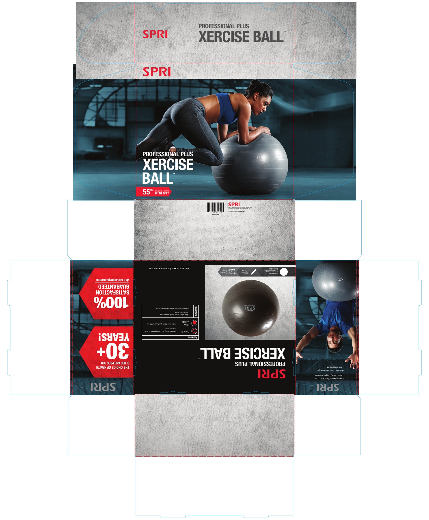 Flat print artwork and die-line for the SPRI Professional Plus Xercise Ball box
