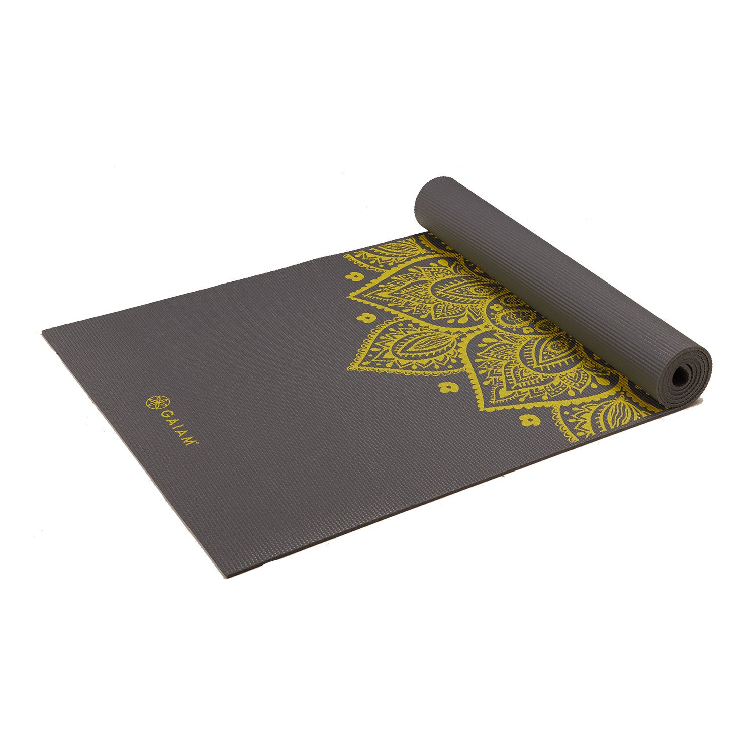Grey Gaiam yoga mat with a gold mandala print, partly rolled