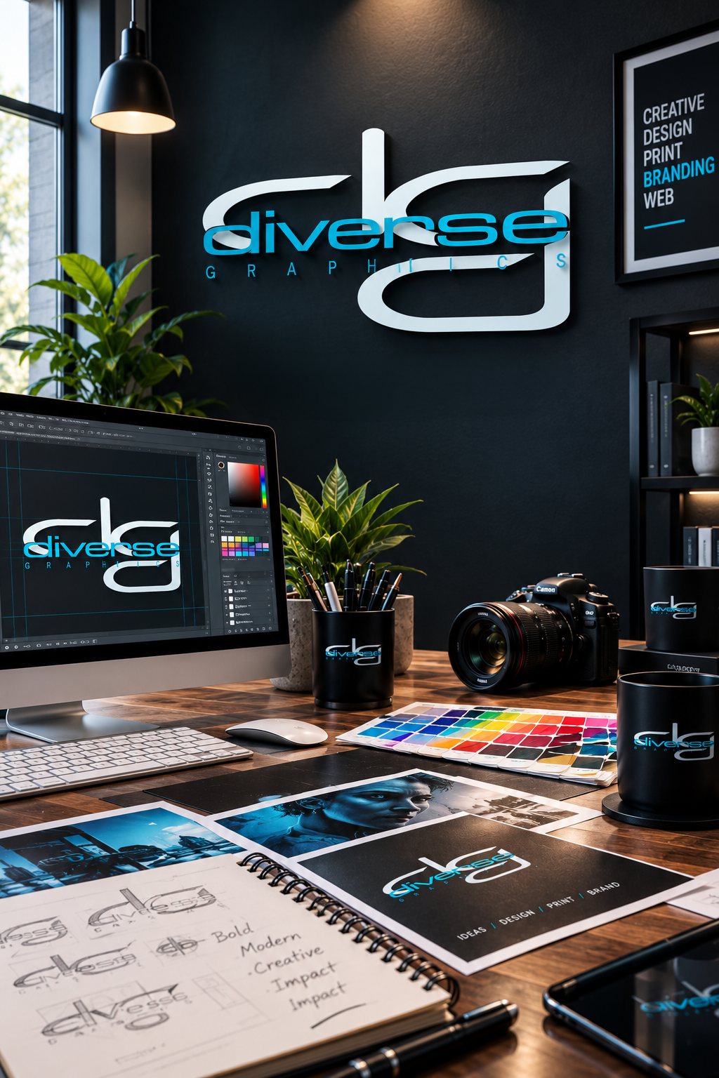 Diverse Graphics studio desk with the logo on a dark wall, a monitor, sketchbook and printed branding