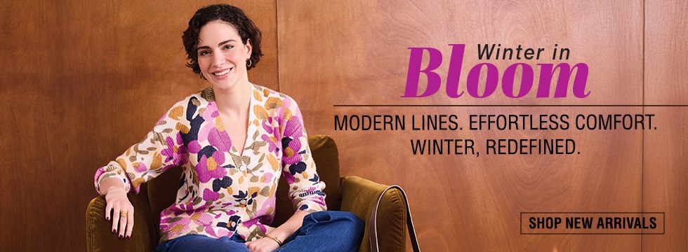Web banner: Winter in Bloom, modern lines, effortless comfort, with a Shop New Arrivals button