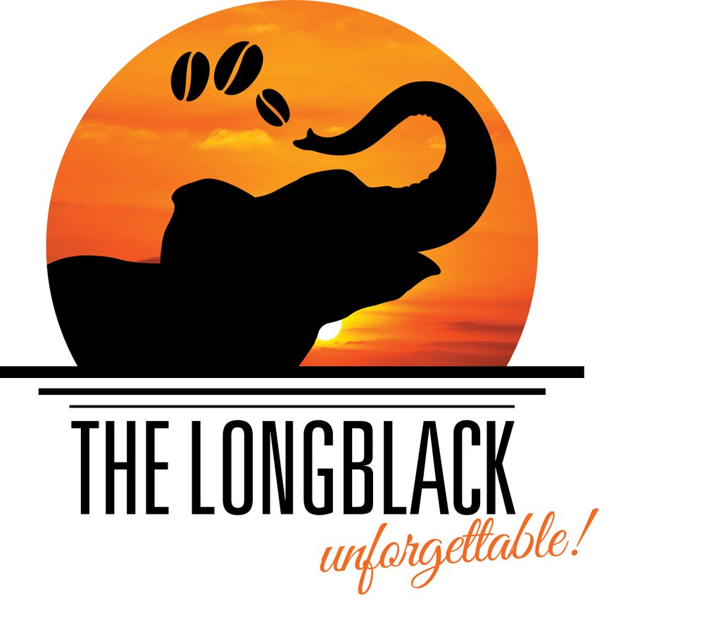 The Longblack logo with an elephant silhouette holding a coffee bean against an orange sunset