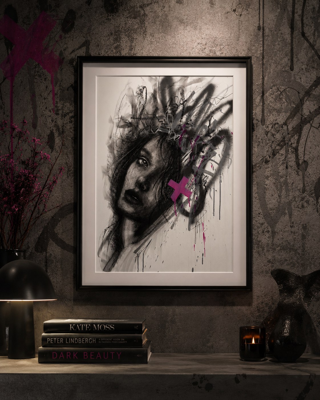 Charcoal portrait with graffiti-style black spray strokes and magenta marks, in a black frame on a concrete wall