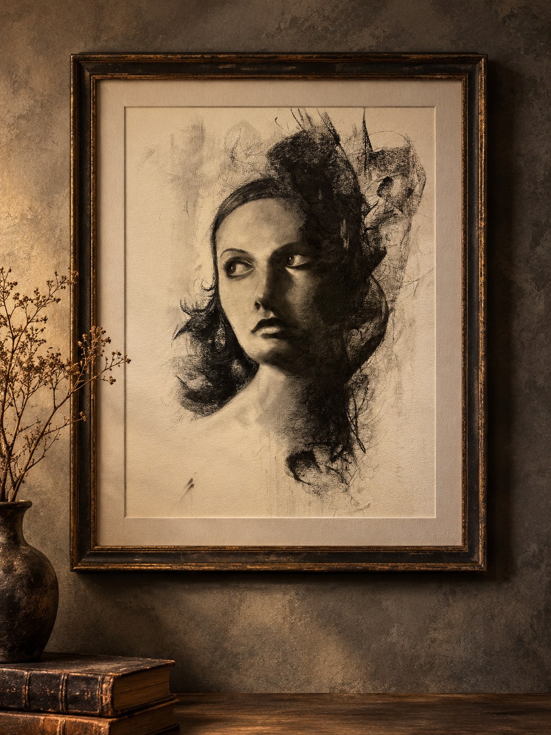 Vintage-toned charcoal portrait of a woman in a dark ornate frame on a weathered wall