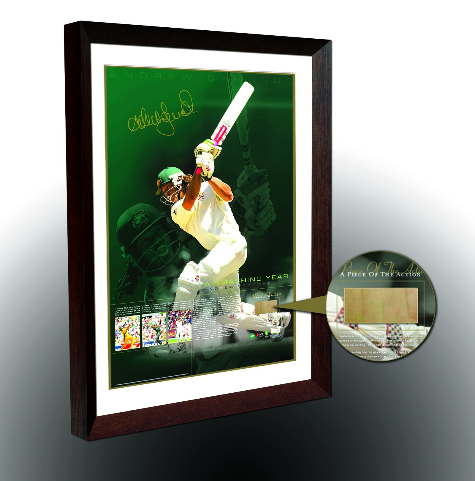 The Symonds poster in a dark timber frame with white mat, with a close-up detail circle of the bat-splinter display