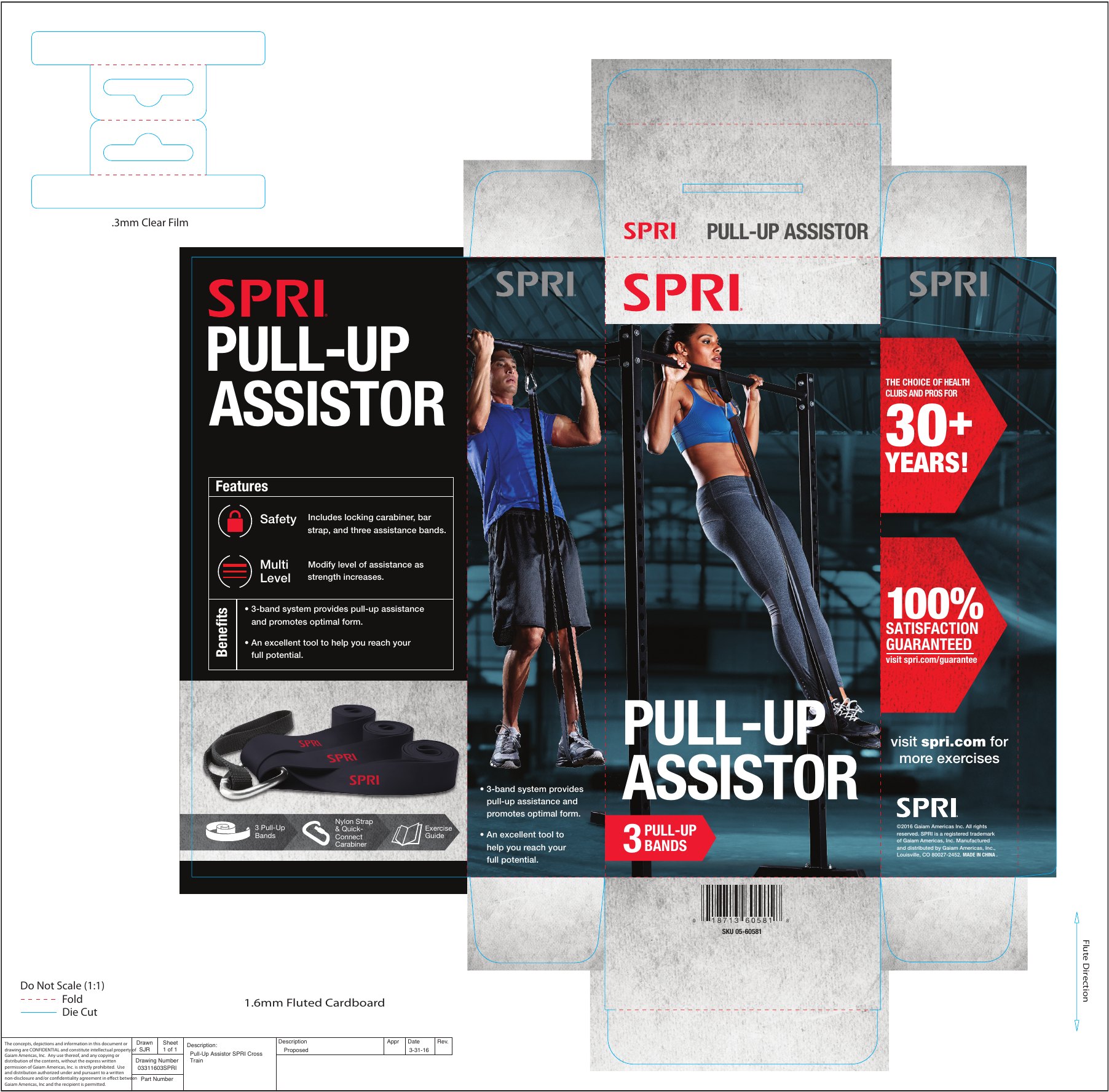 Flat print artwork and die-line for the SPRI Pull-Up Assistor box with a hang tab