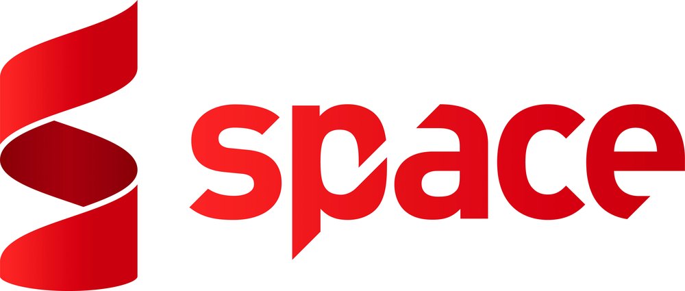 Space logo with a red ribbon letter s and red wordmark