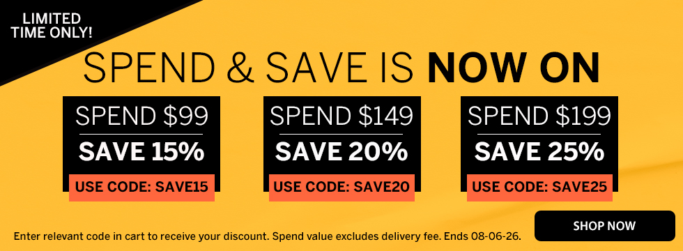 Web banner: Spend and Save is now on, tiered discount codes SAVE15, SAVE20 and SAVE25 on a yellow background