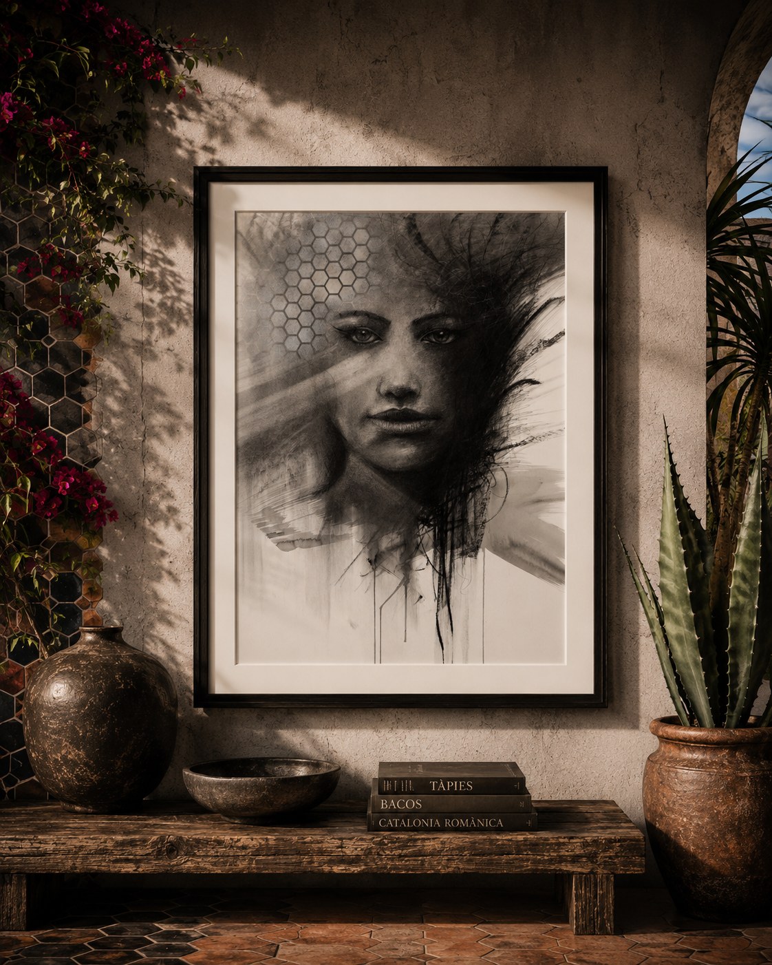 Charcoal portrait of a woman with a hexagon pattern overlay and smoky strokes, in a black frame beside an agave plant