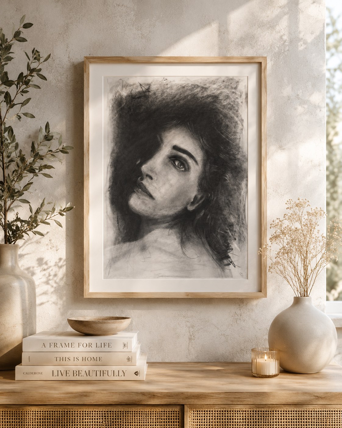 Charcoal portrait of a woman with dark hair across her face in a pale timber frame above stacked books