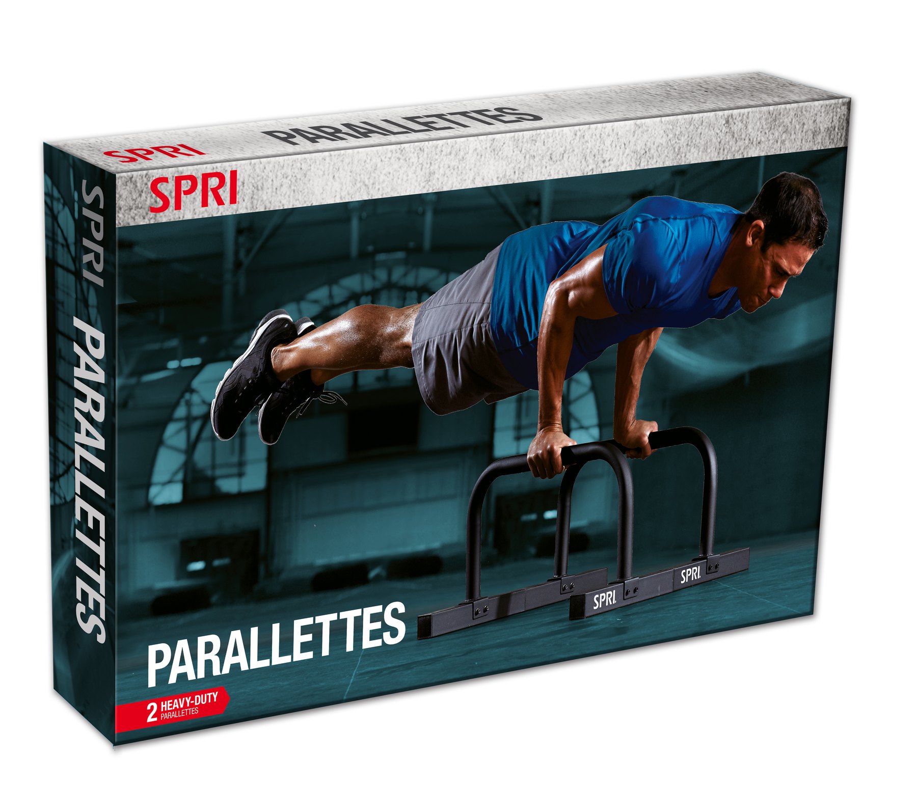 SPRI Parallettes retail box with a man performing a push-up on parallettes