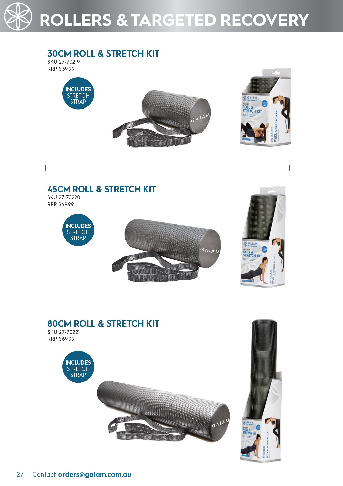 Catalogue page: Gaiam roll and stretch kits in 30cm, 45cm and 80cm sizes