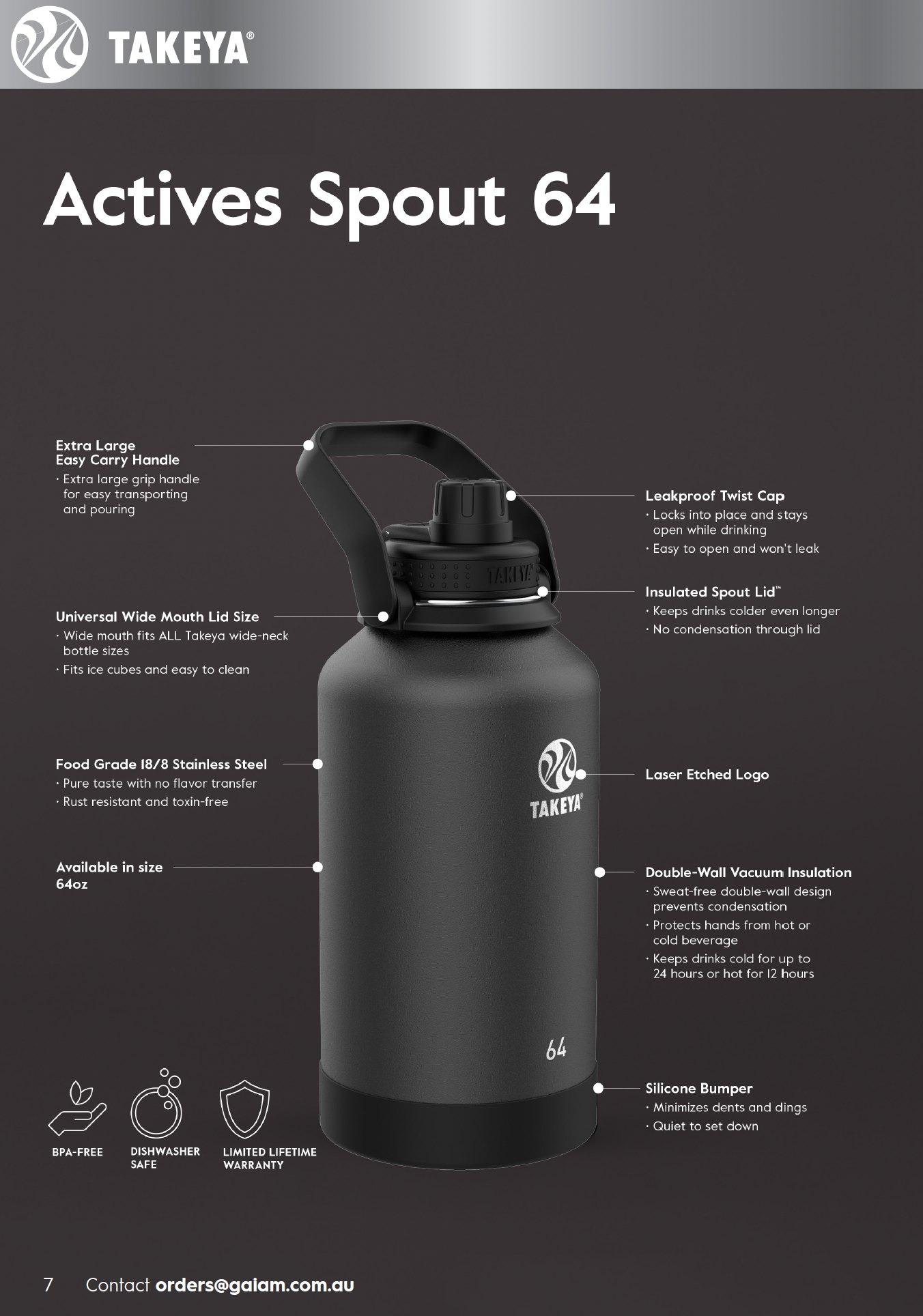 Catalogue page: Takeya Actives Spout 64 bottle with feature call-outs on a dark background
