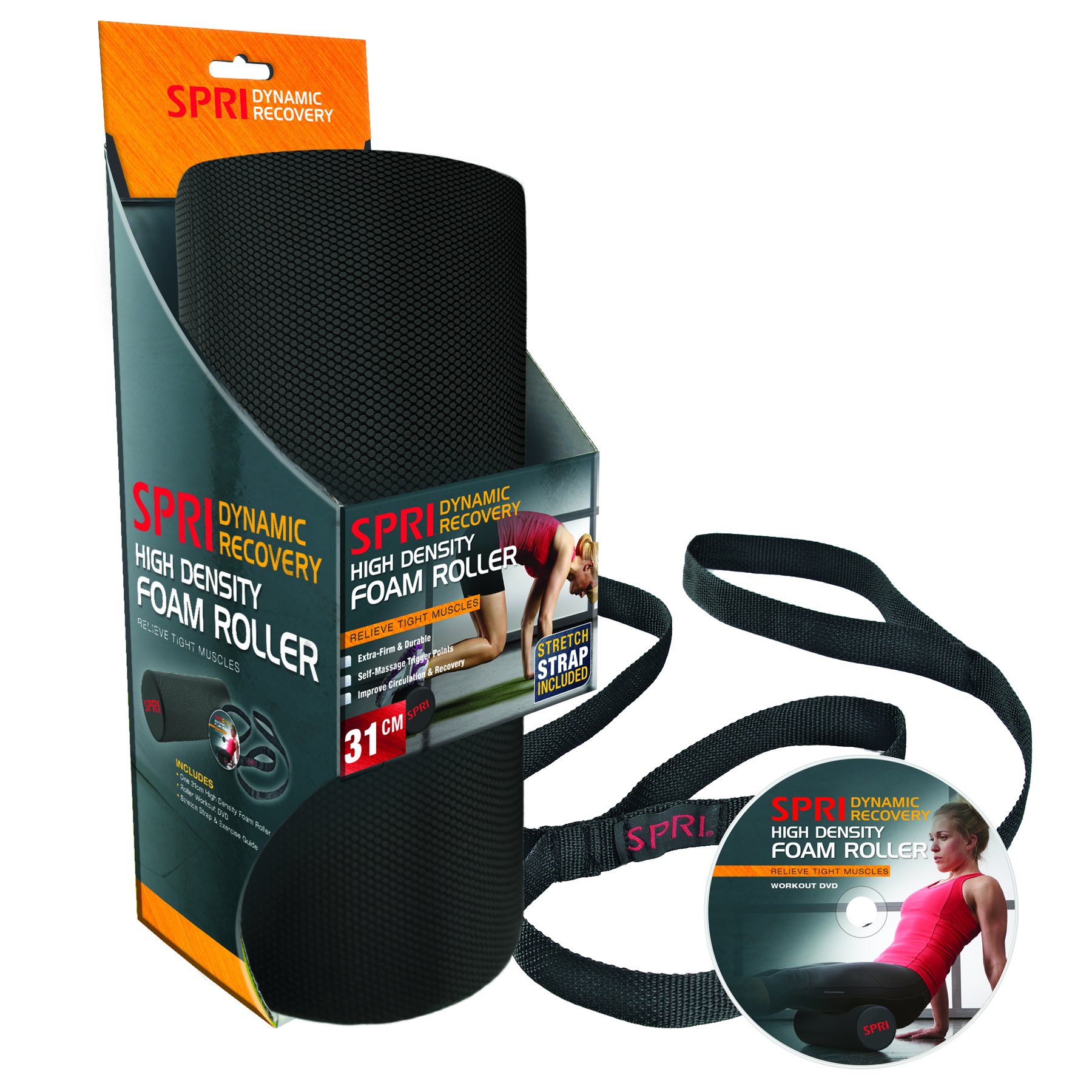 SPRI Dynamic Recovery High Density Foam Roller pack with a stretch strap and workout DVD