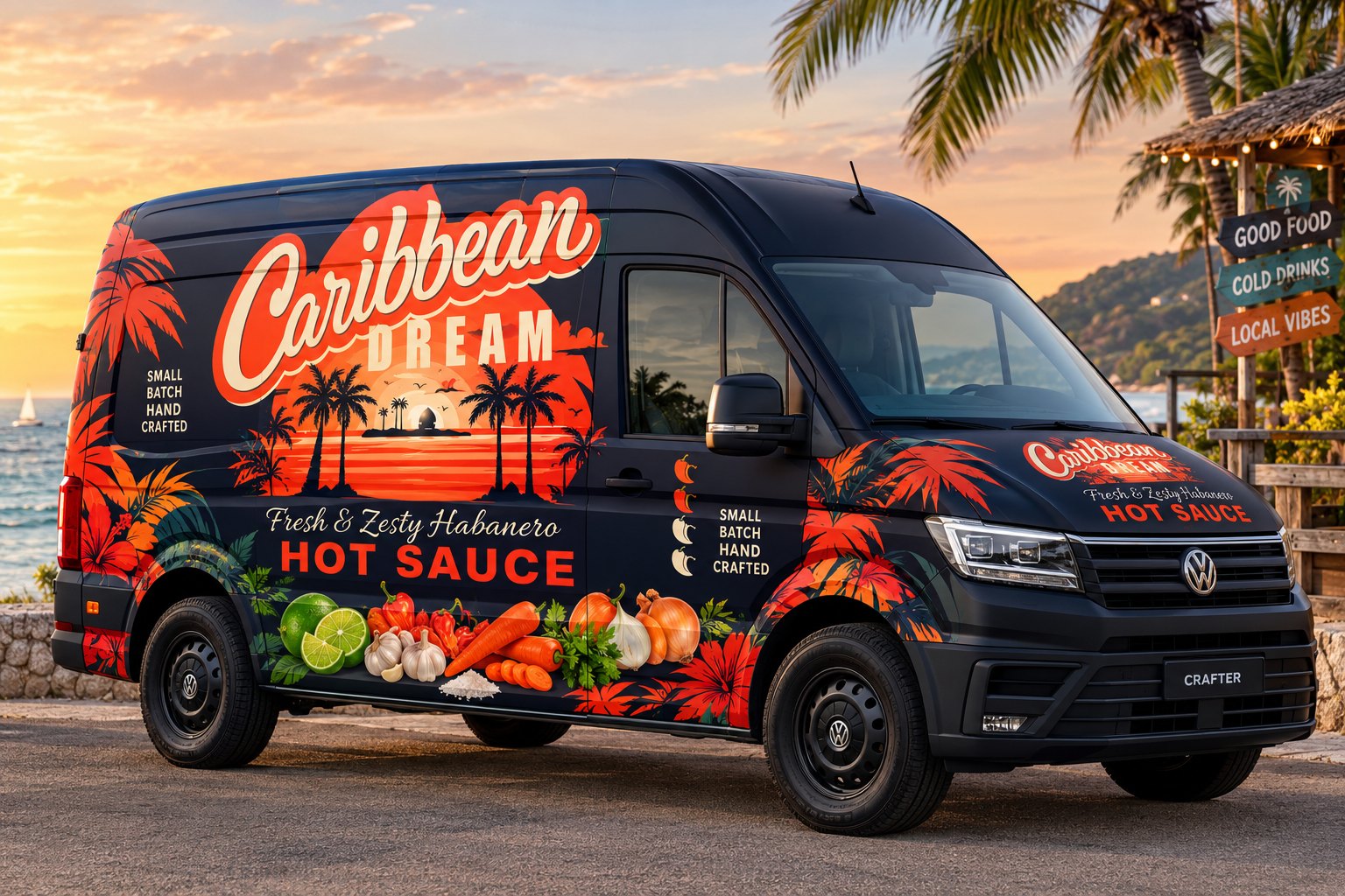 Black van wrapped in Caribbean Dream hot sauce graphics with palm trees, hibiscus flowers and fresh ingredients