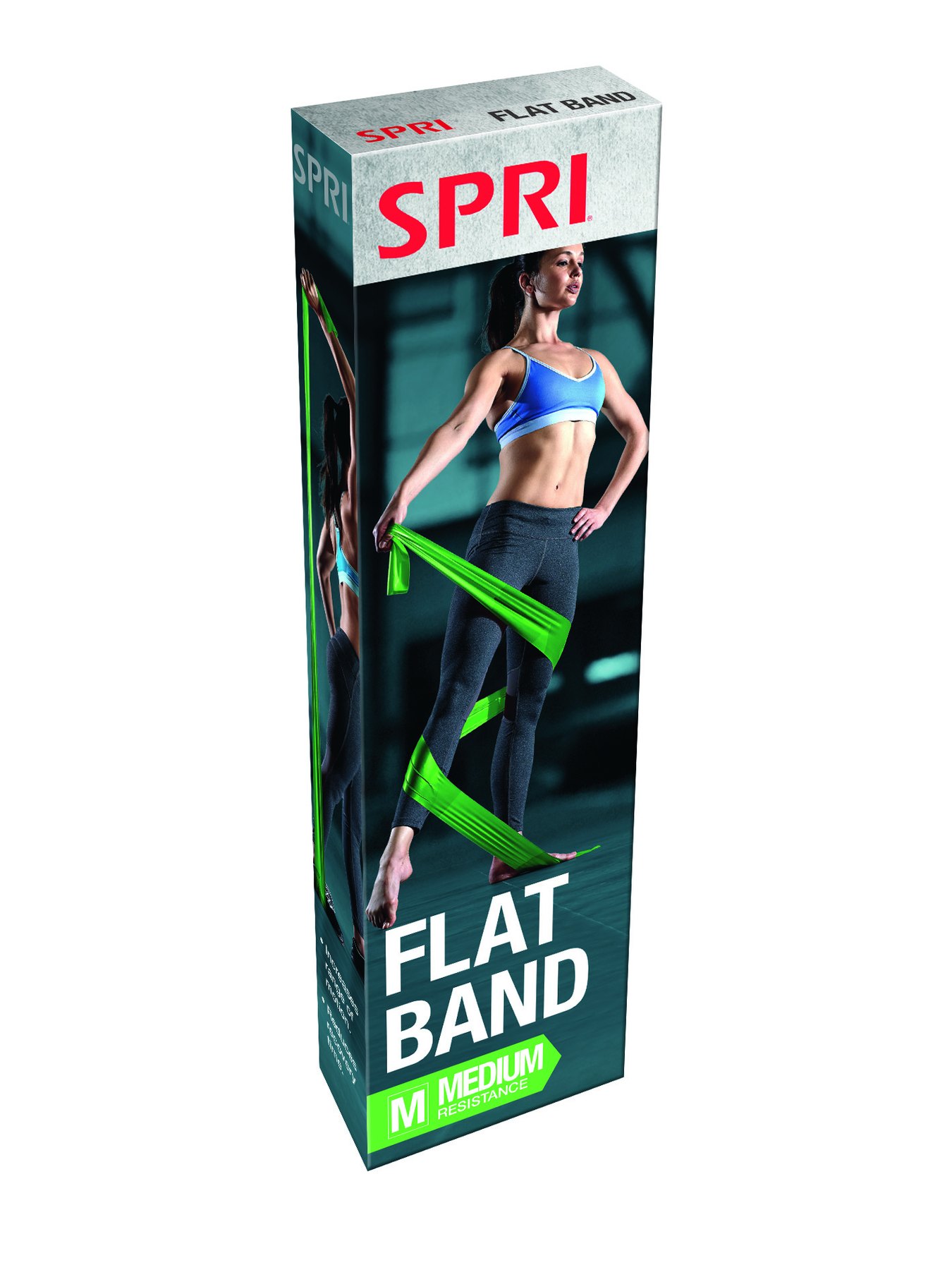 SPRI Flat Band tall retail box with a woman stretching a green resistance band