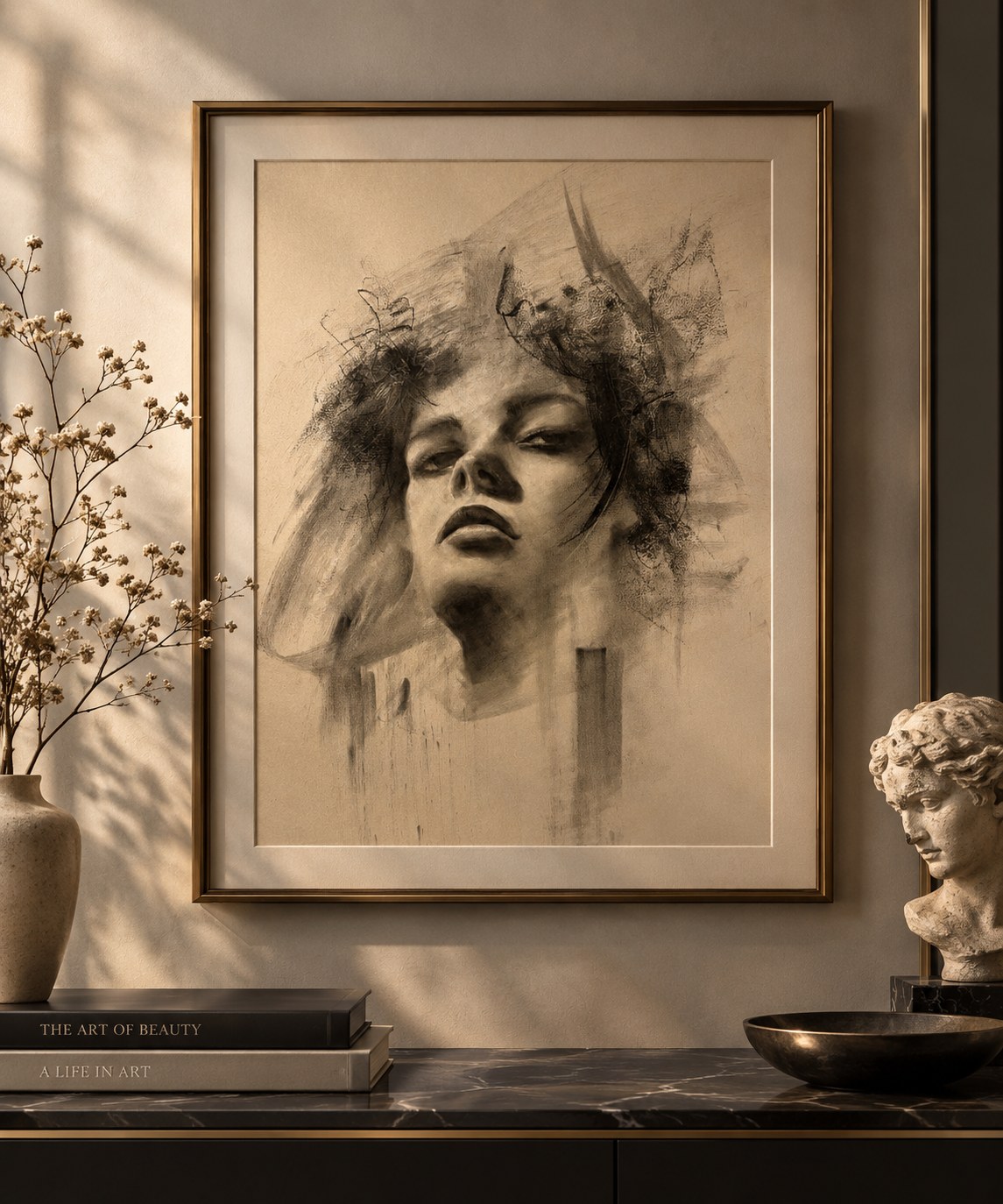 Charcoal portrait of a woman looking upward with loose gestural marks, framed above a marble console with a bust