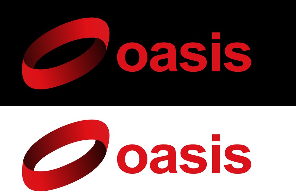Oasis logo with a red ring mark, shown on black and on white
