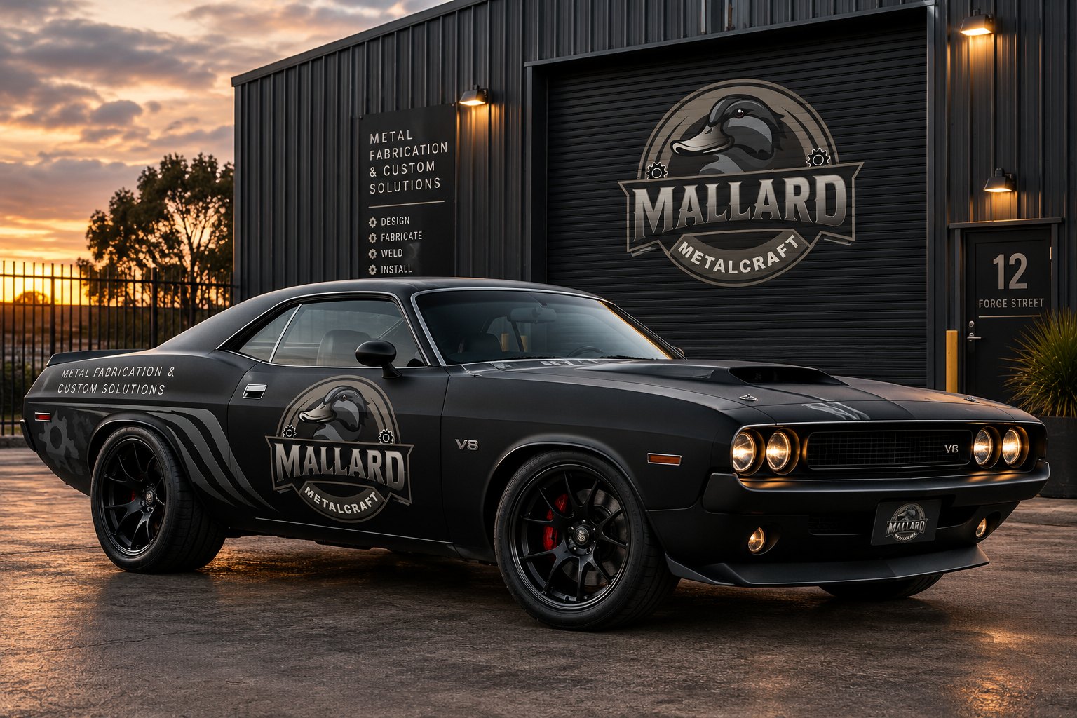 Matte black muscle car with Mallard Metalcraft vehicle graphics parked outside a dark steel workshop at sunset