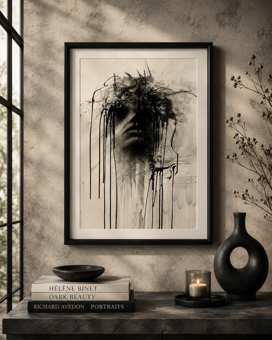 Abstract charcoal portrait with a face emerging through heavy black ink drips, in a black frame by a window