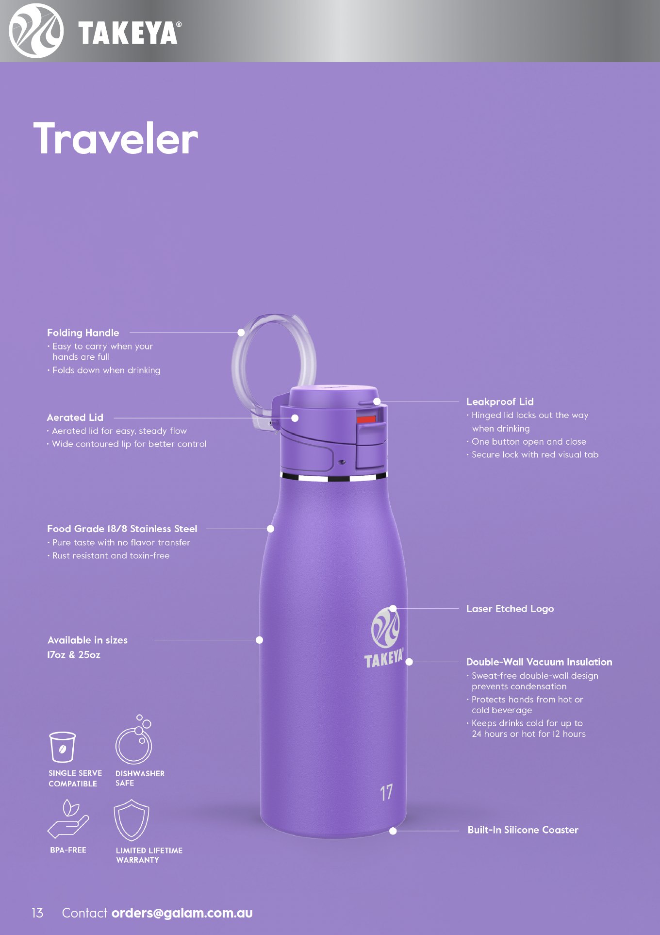Catalogue page: Takeya Traveler purple bottle with feature call-outs on a purple background