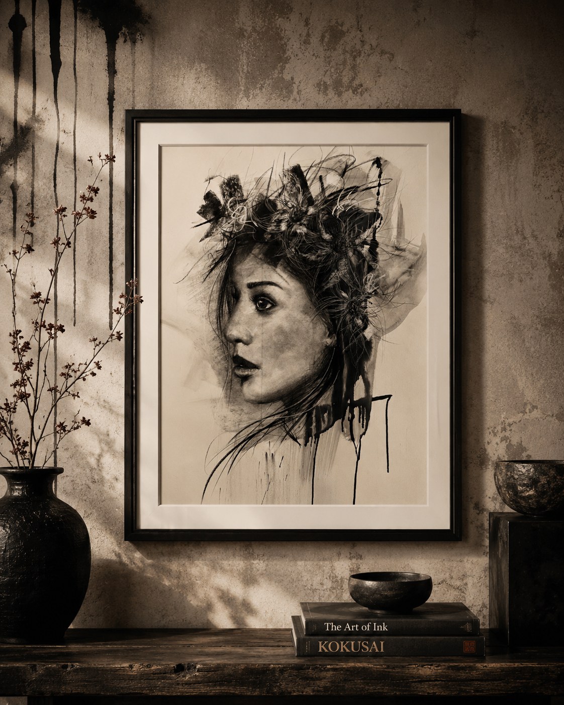 Charcoal portrait of a woman in profile wearing a flower crown with ink drips, in a black frame