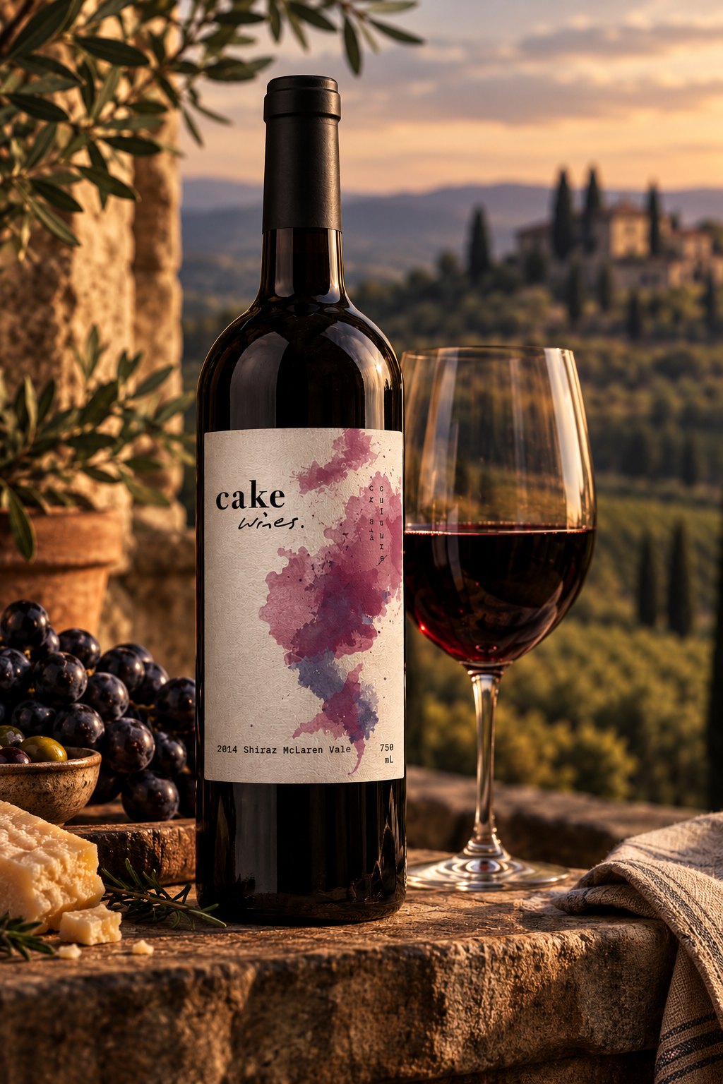 Cake Wines Shiraz bottle beside a glass of red wine on a stone ledge with grapes and cheese, hills and a villa at sunset behind