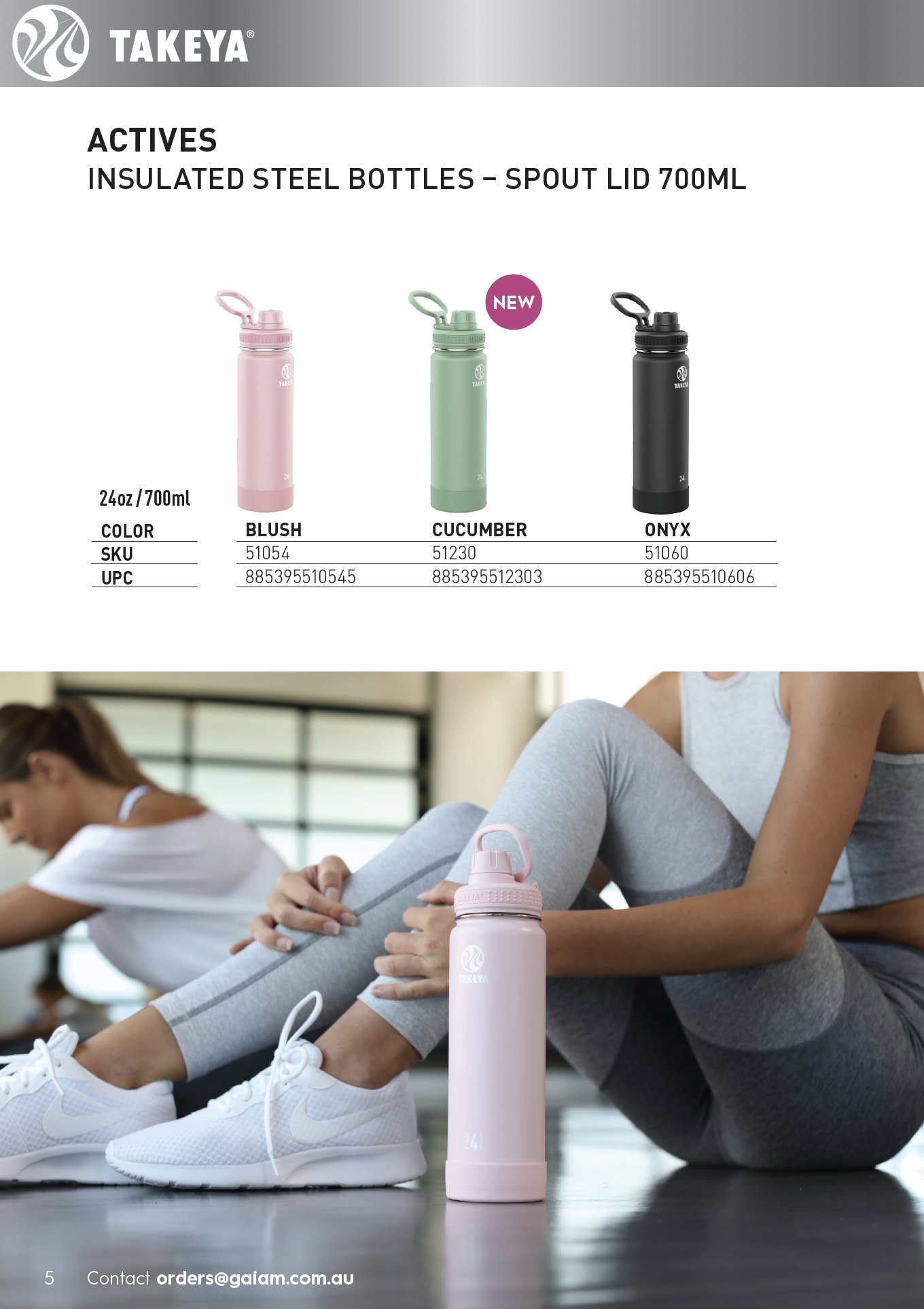 Catalogue page: Takeya Actives 700ml bottles in blush, cucumber and onyx above a lifestyle photo of a woman in activewear