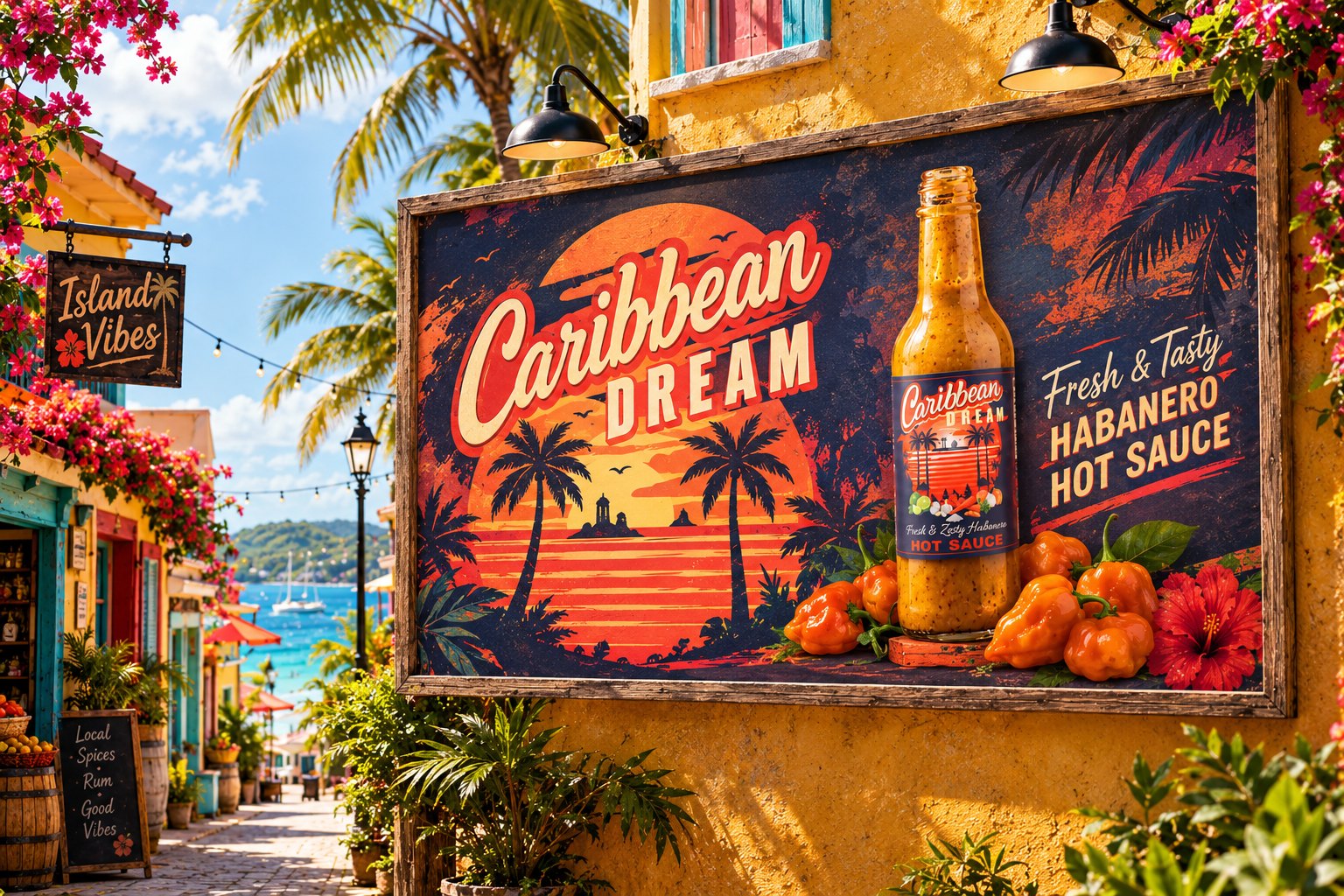 Caribbean Dream billboard in a sunny island street showing the bottle, habanero peppers and a hibiscus flower