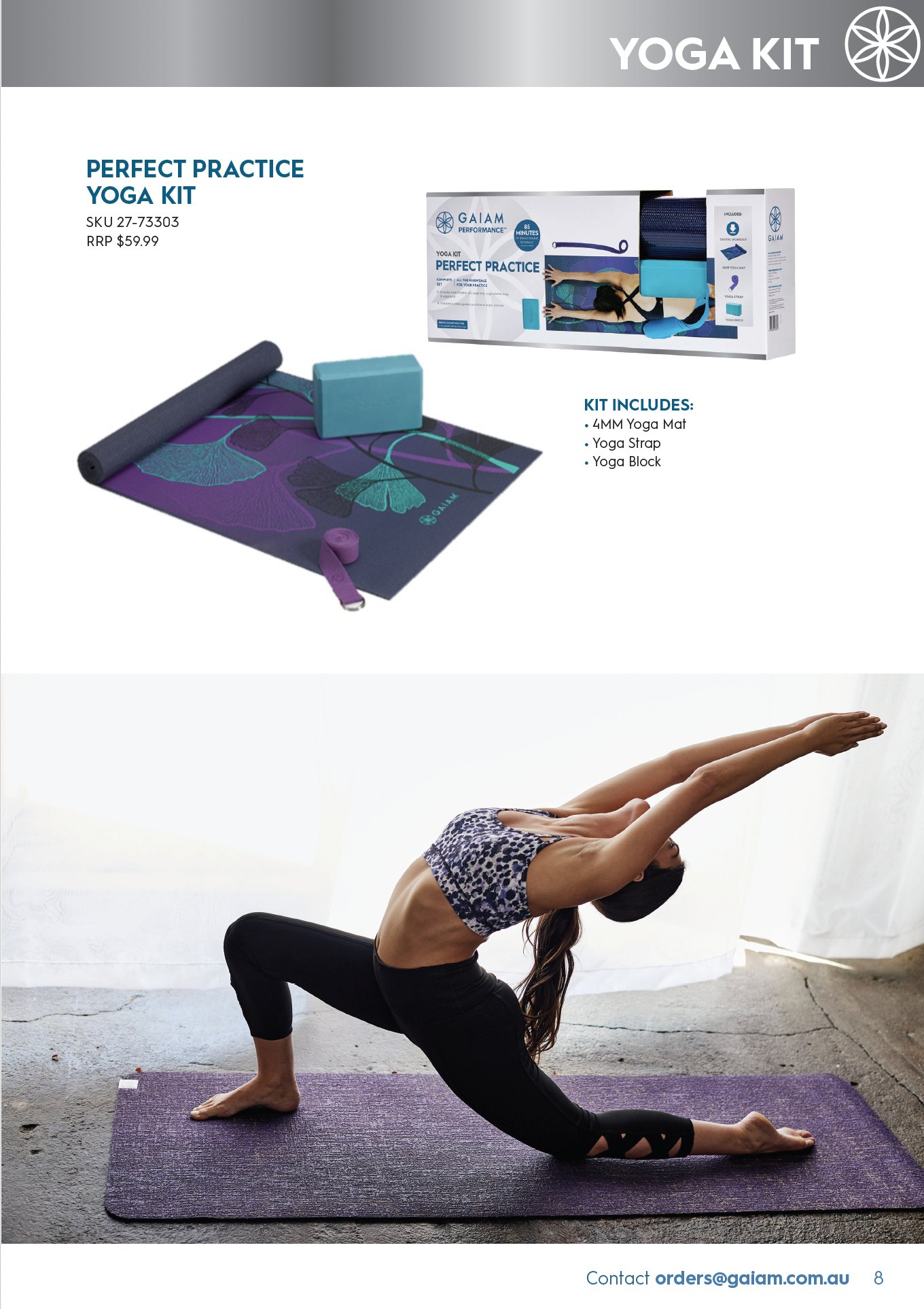 Catalogue page: Gaiam Perfect Practice Yoga Kit above a photo of a woman in a yoga lunge