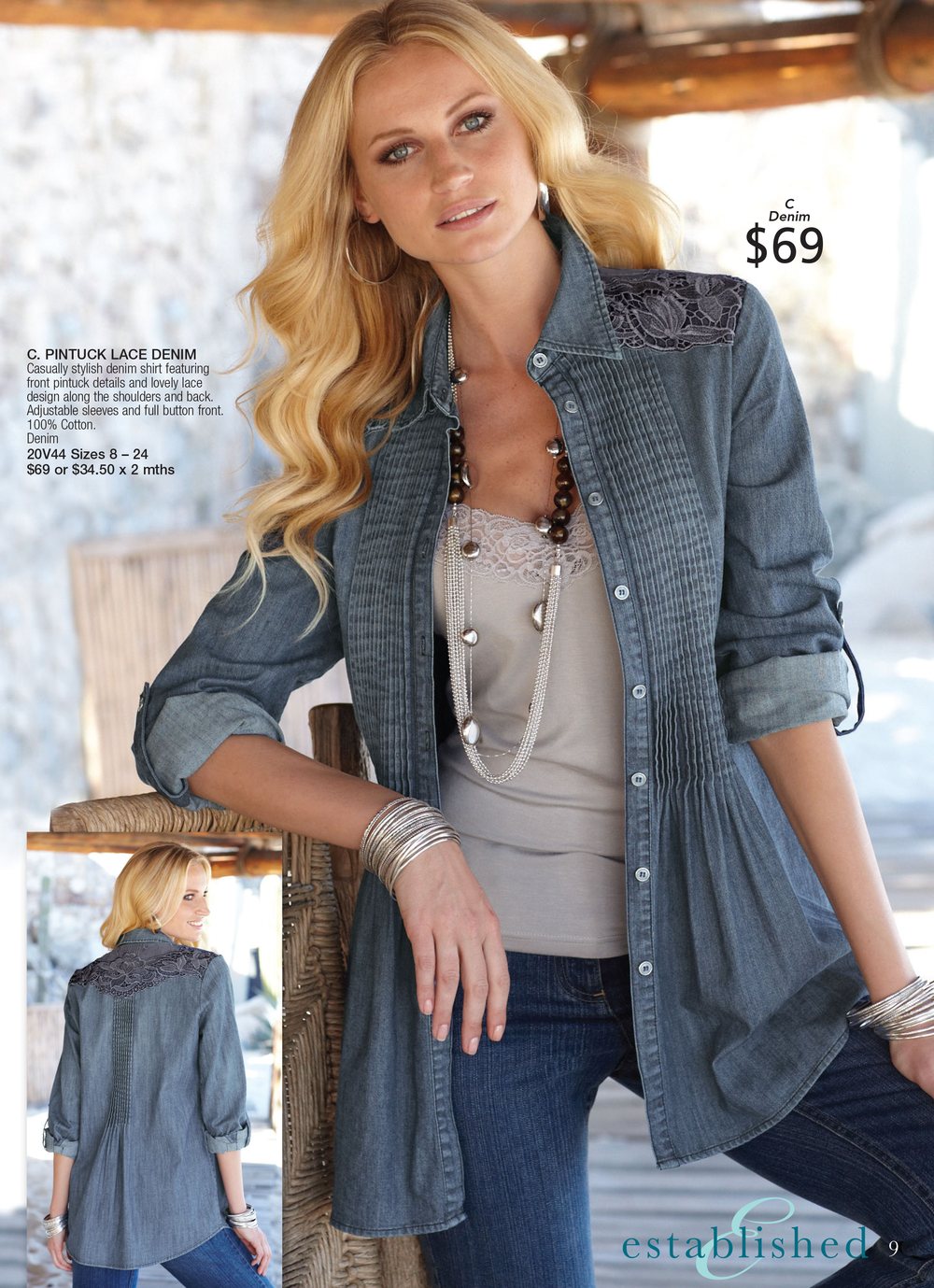 Catalogue page: a woman in a denim shirt with lace detail