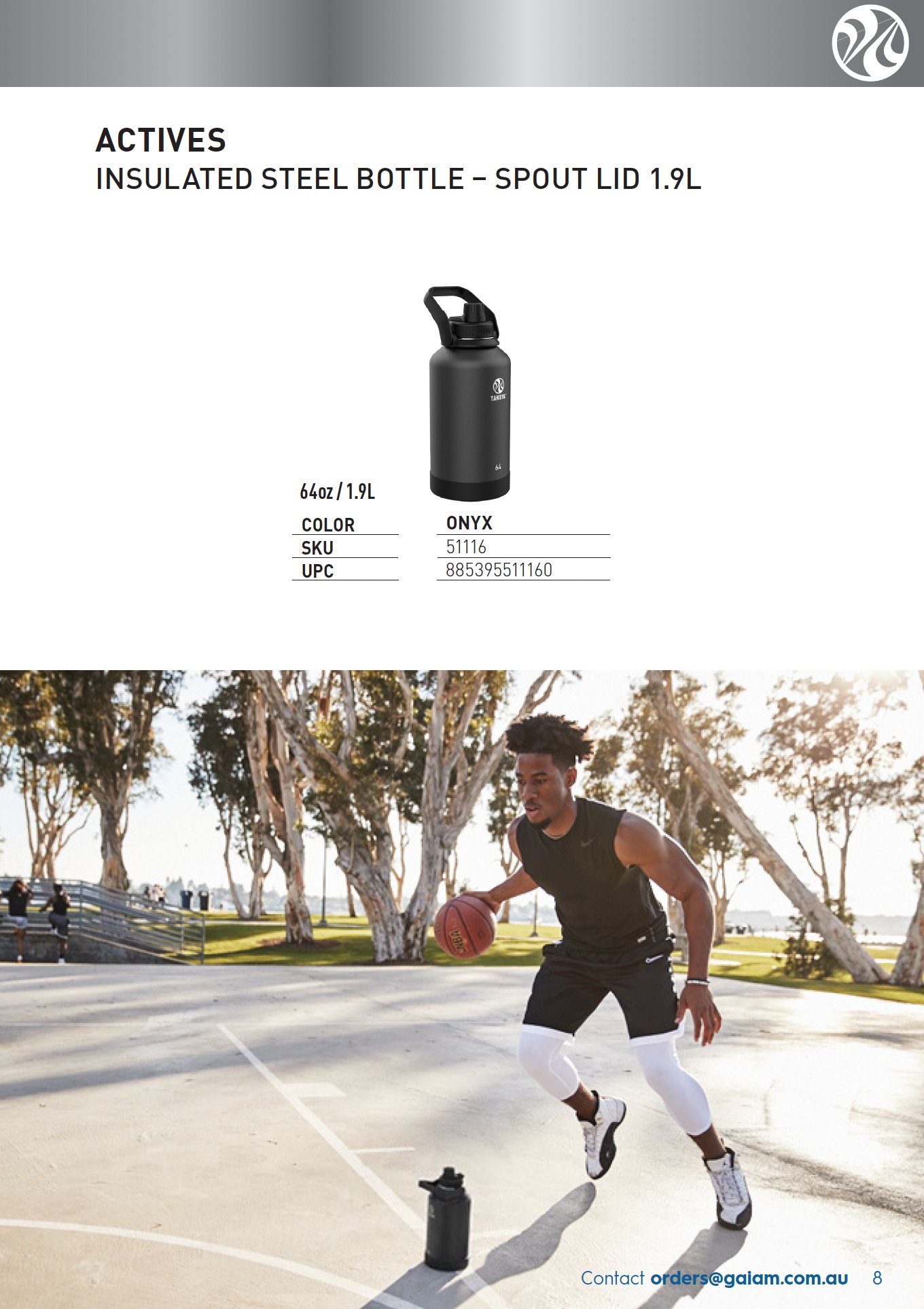 Catalogue page: Takeya Actives 1.9L insulated bottle with product details above a basketball player photo