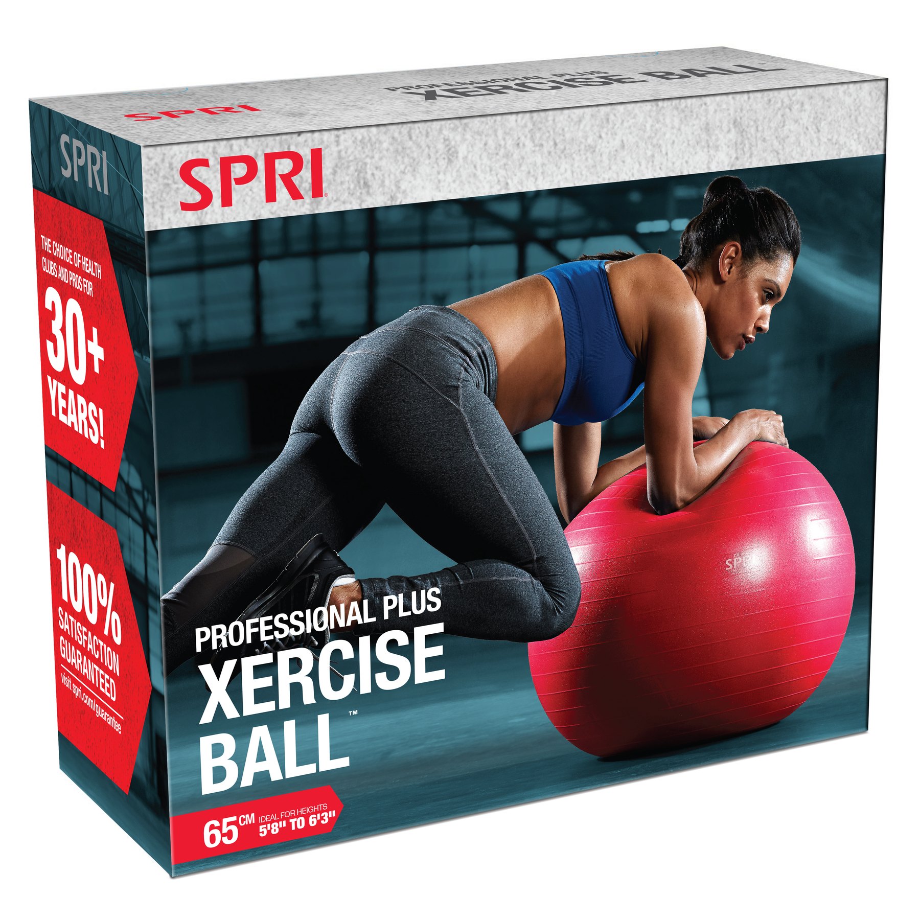 SPRI Professional Plus Xercise Ball retail box with a woman on a red exercise ball
