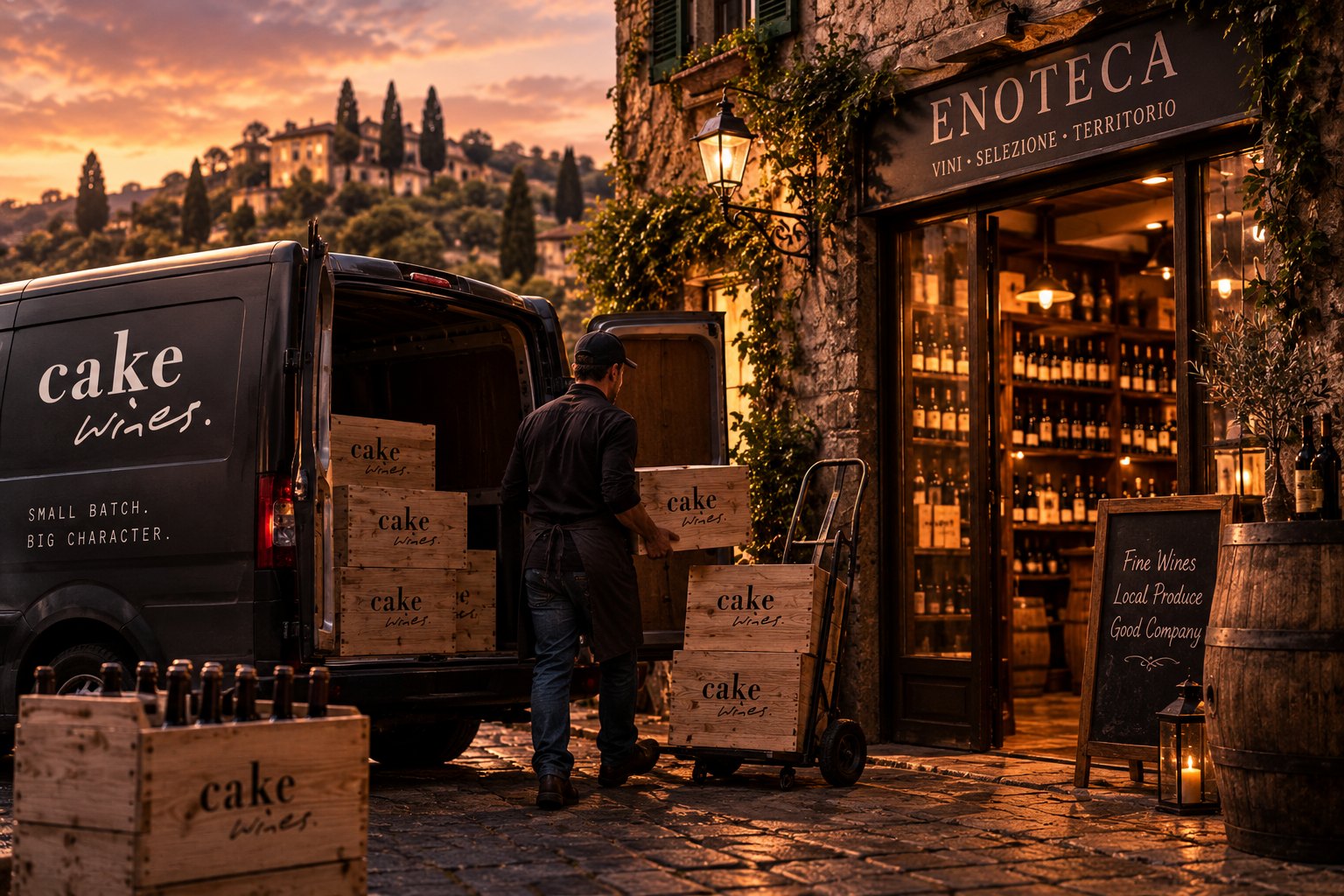 Black delivery van and timber crates branded Cake Wines being unloaded outside a wine shop at sunset