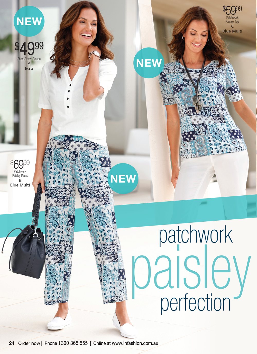 Catalogue page: Patchwork paisley perfection, women in patchwork paisley pants and tops