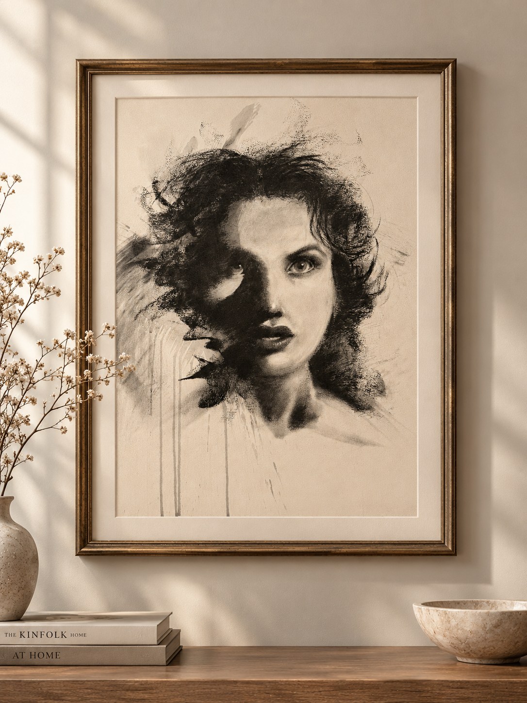 Charcoal portrait of a woman with wind-swept dark hair in a gold frame on a shelf with books and a stone bowl