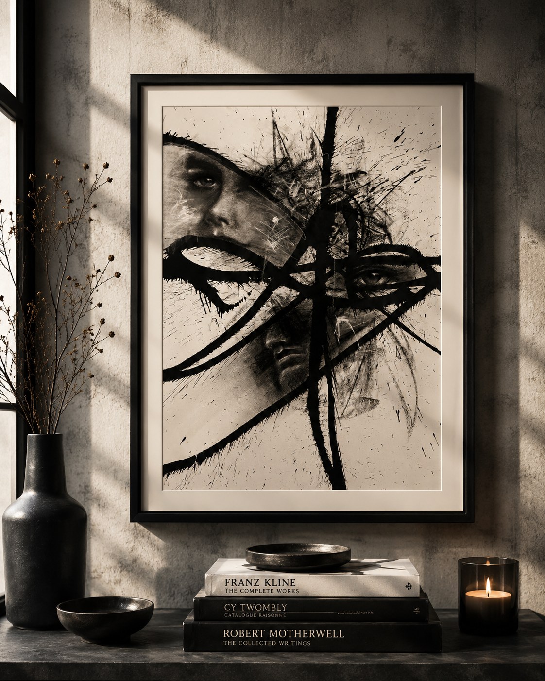 Charcoal portrait overlaid with bold black ink gestural strokes and splatter, in a black frame beside a candle