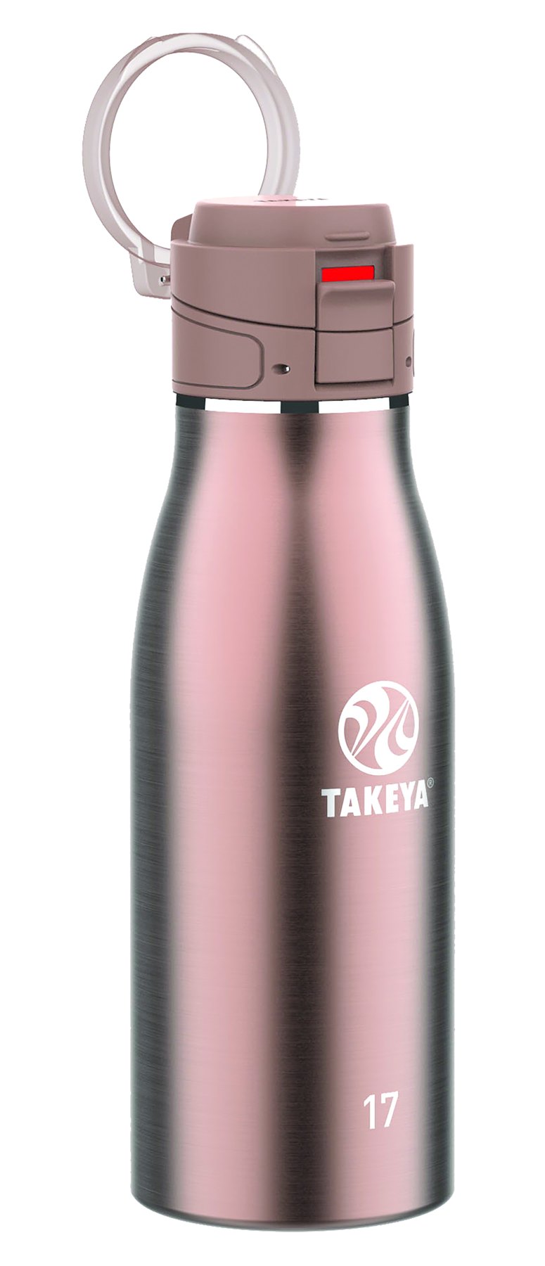 Rose-toned Takeya 17oz stainless steel traveler bottle with a folding handle