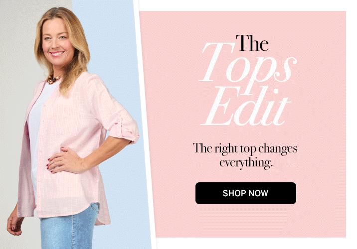 Animated web banner: The Tops Edit, the right top changes everything, cycling through four tops and colour panels