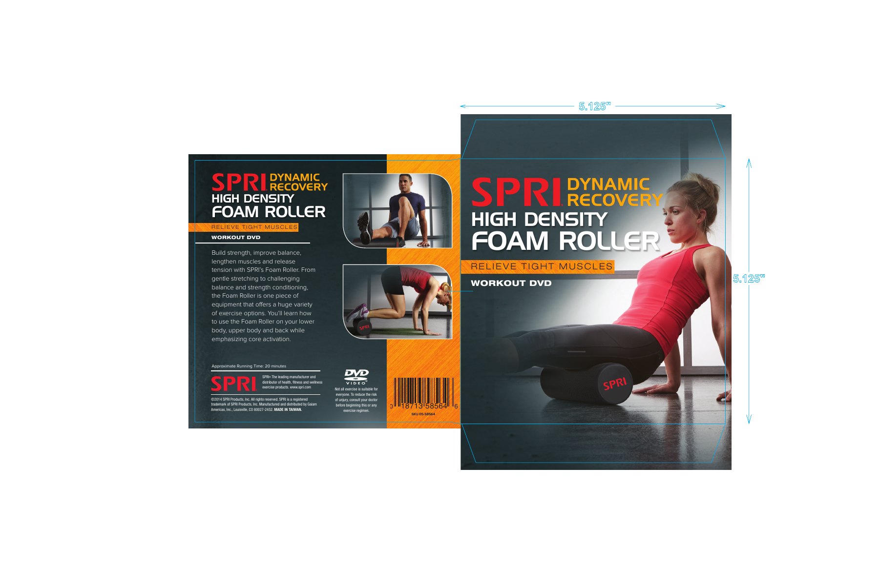 Flat print artwork for the SPRI Dynamic Recovery High Density Foam Roller workout DVD cover