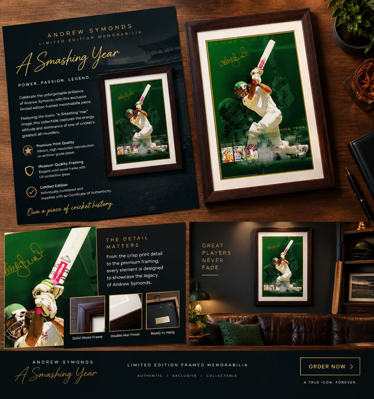 Marketing layout for A Smashing Year limited edition framed memorabilia with product features, detail shots and an Order Now button