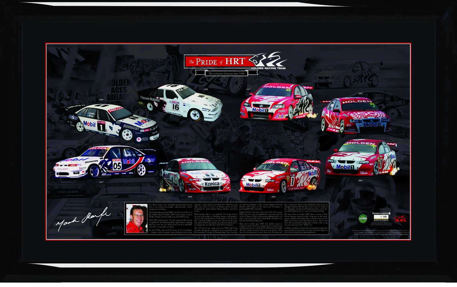 The Pride of HRT framed piece showing eight Holden Racing Team V8 Supercars from 1990 to 2007 with a signature and story panel