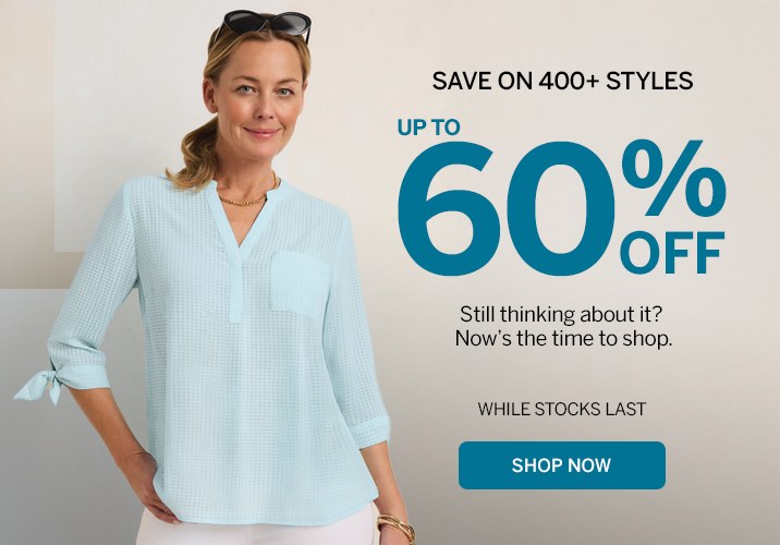 Web banner: save on 400+ styles, up to 60% off, with a Shop Now button